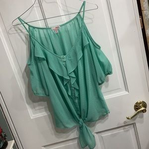 Cold Shoulder Ruffle/Button/Tie Front Top